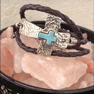 Leather Brown Braided Hammered Silver & Turquoise Cross Wrap Bracelet
